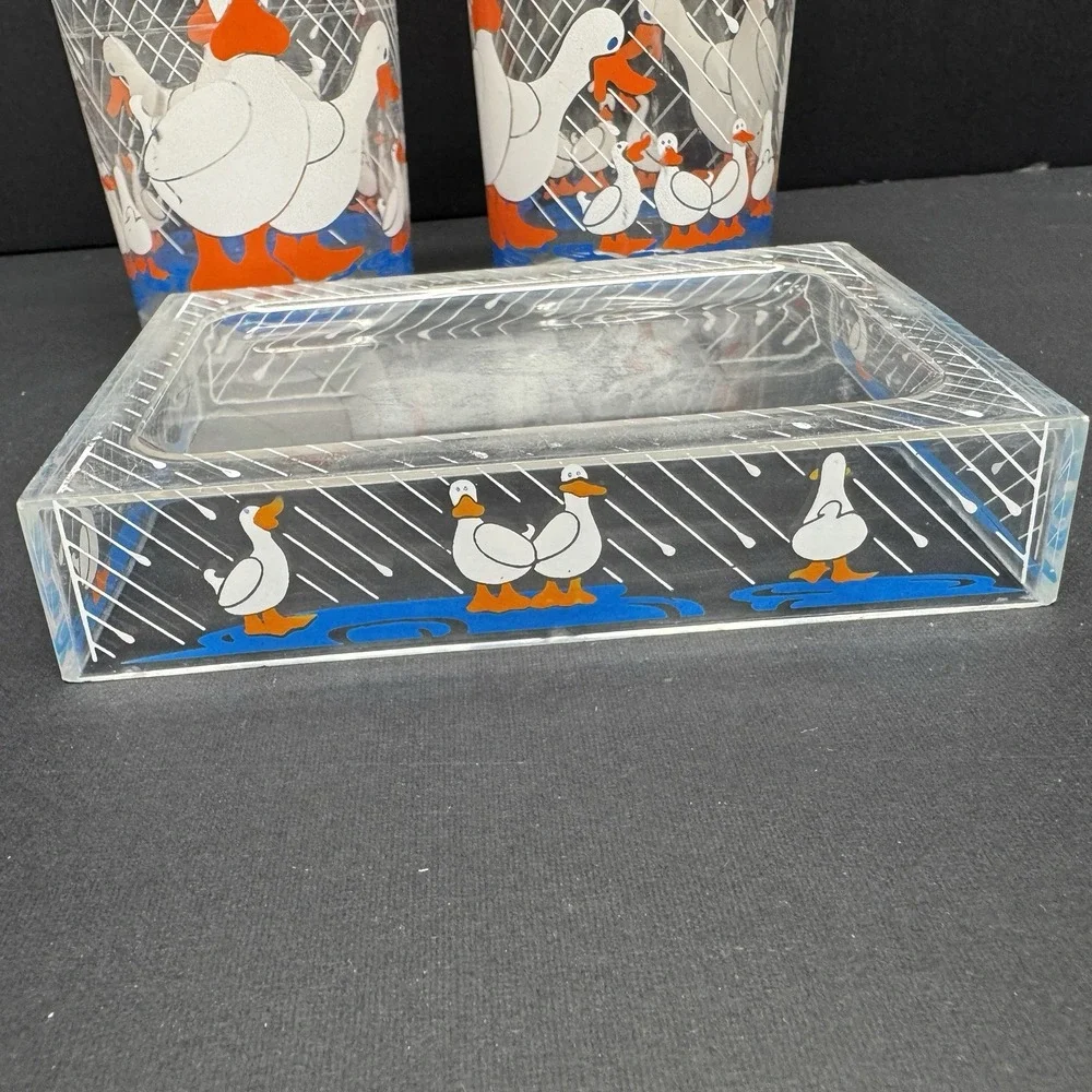Vintage Acrylic Duck Goose Bathroom Set Soap Dish Toothbrush Holder Clear Cup